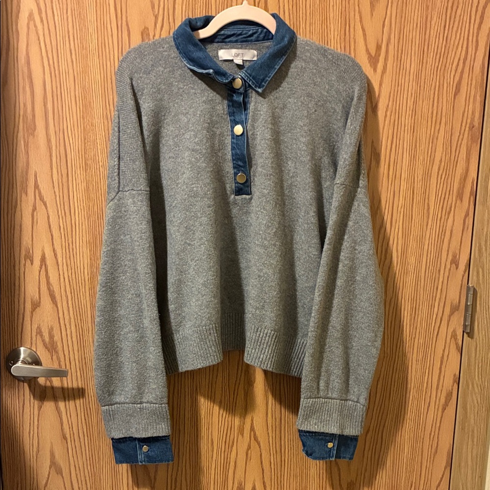 LOFT Gray Sweater with Blue Collar